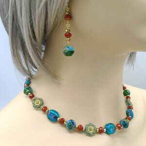 NEW 💥 TEAL and RED CZECH Glass Beaded Necklace and Earring Set